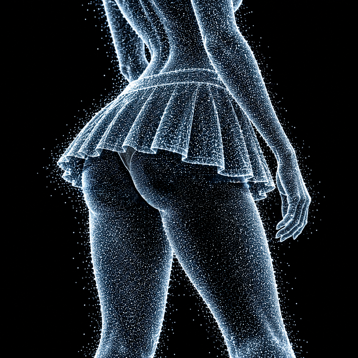 Icy white holographic point-cloud figure on black